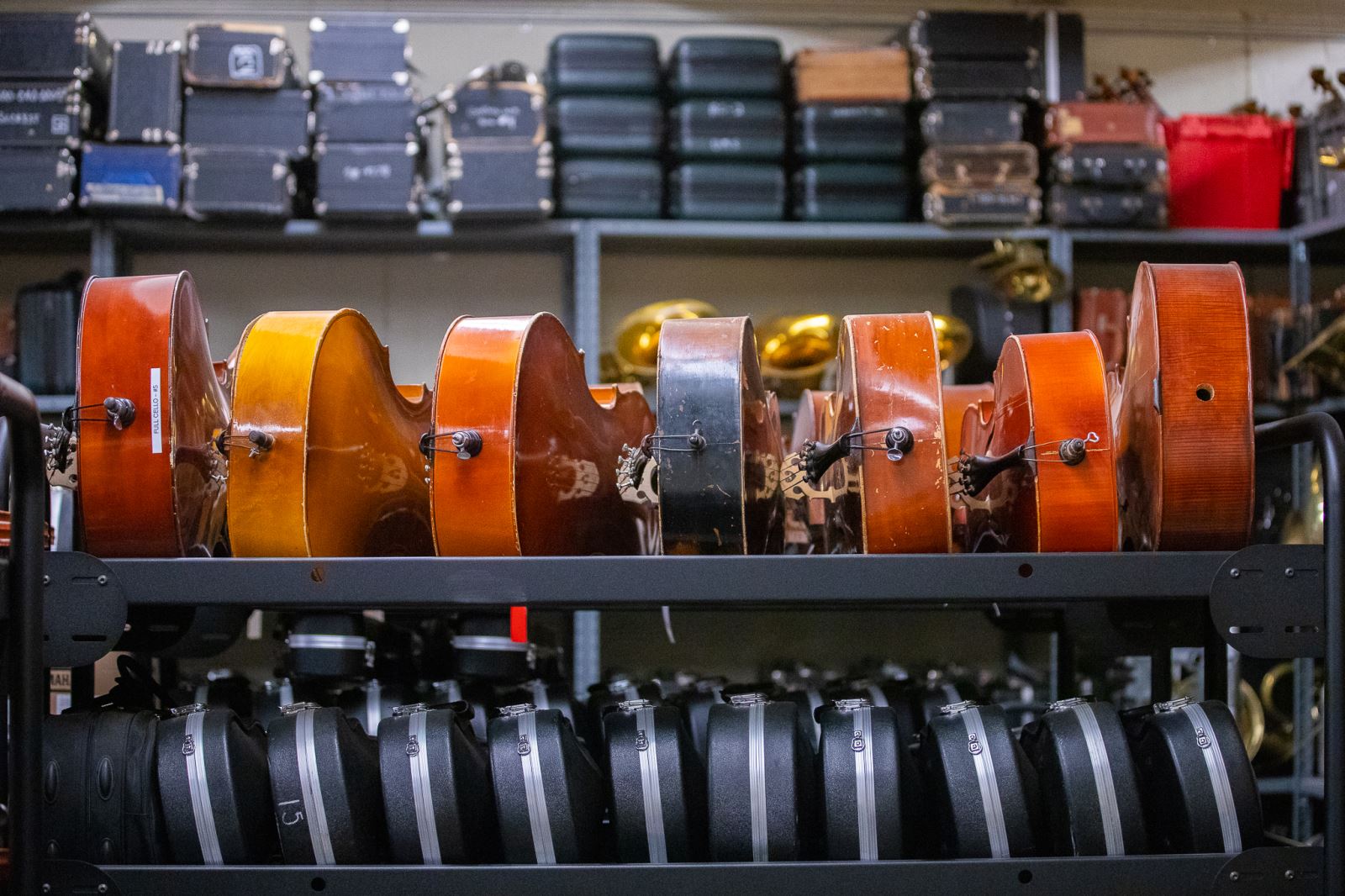 Many violins and cases in rows.