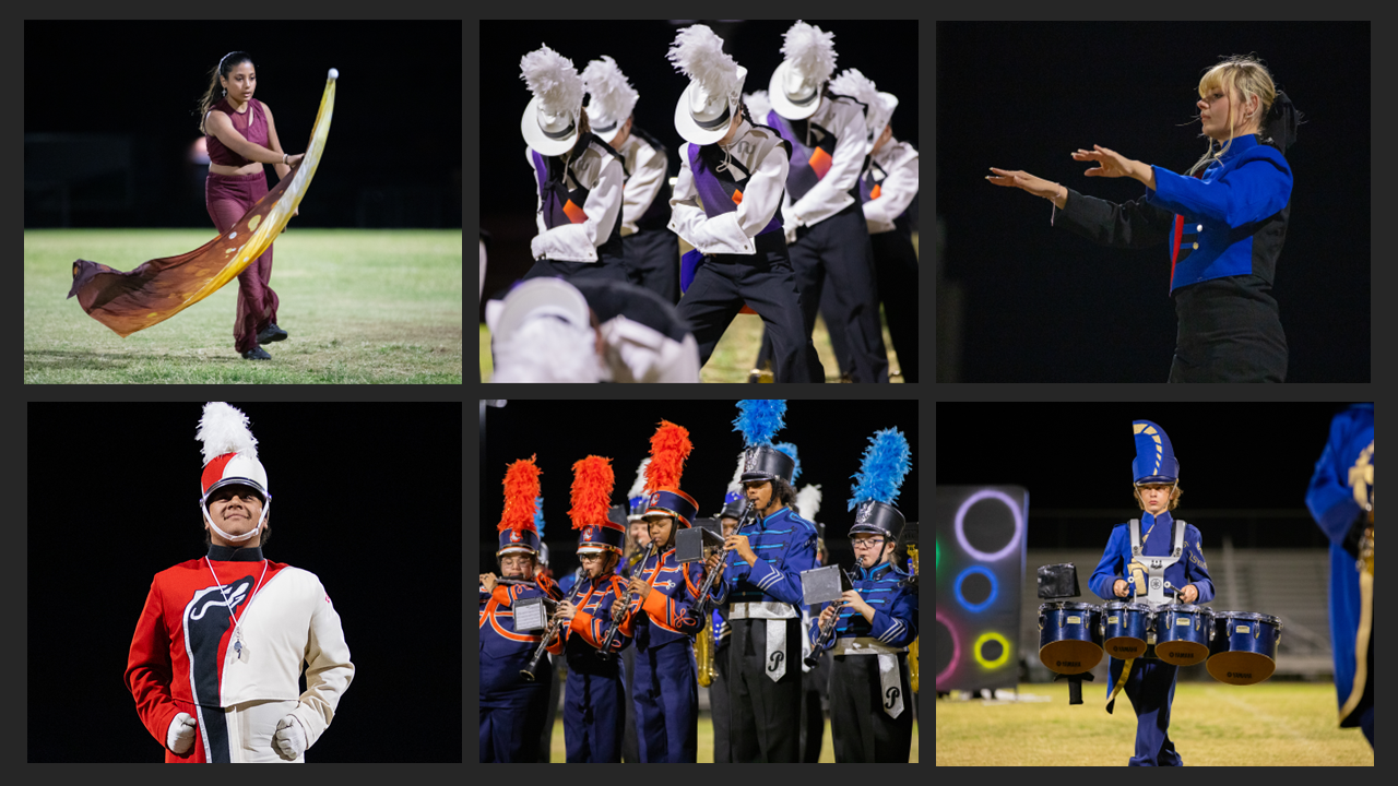 A collage of students performing in a marching band exhibition